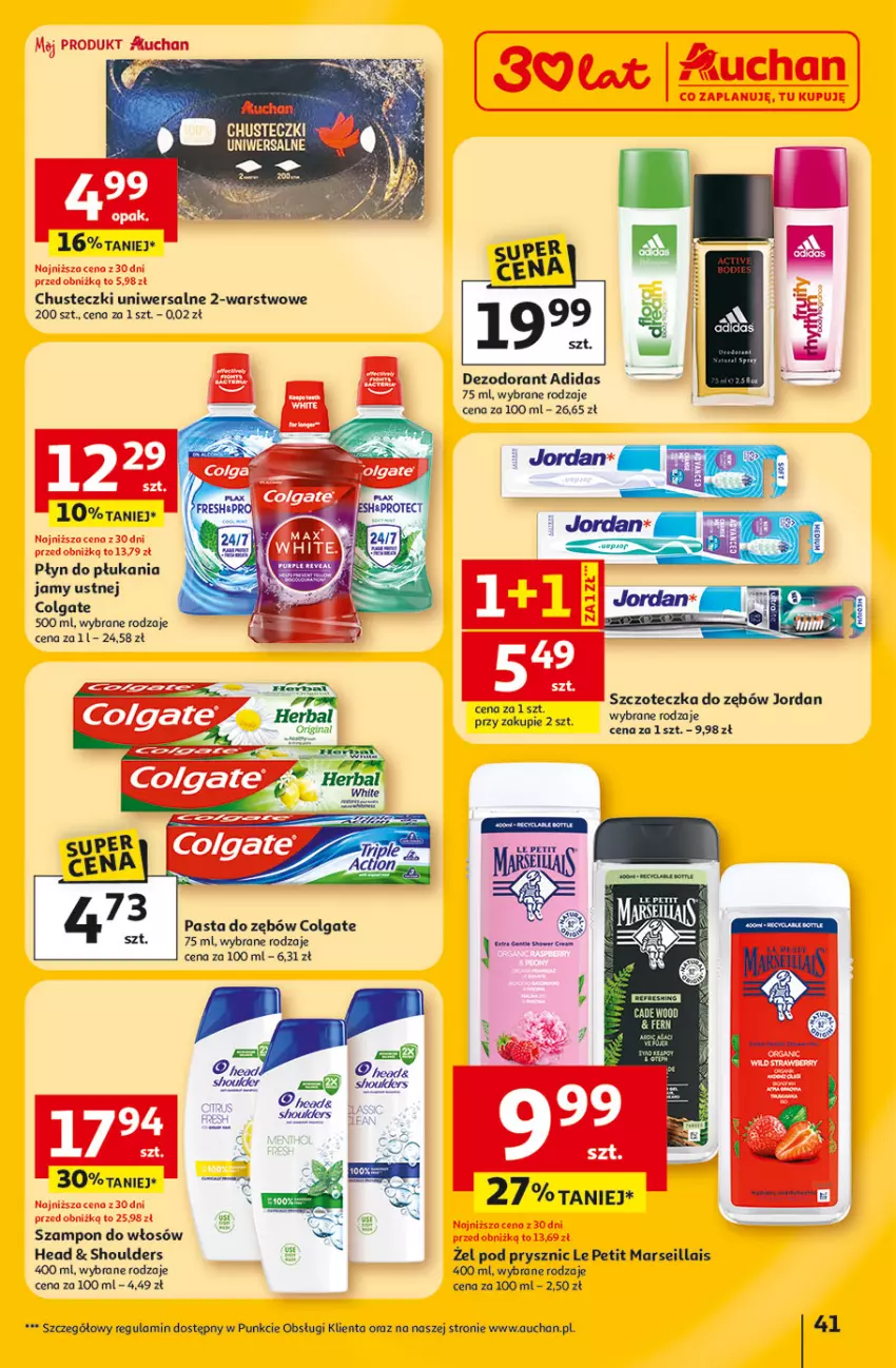 Gazetka promocyjna Auchan - Gazetka 30 Lat Hipermarket Auchan - ważna 23.04 do 28.04.2026 - strona 41 - produkty: Adidas, Chusteczki, Colgate, Dezodorant, Gin, LG, Mars, Pasta do zębów, Płyn do płukania, Płyn do płukania jamy ustnej, Szampon, Szczoteczka, Szczoteczka do zębów