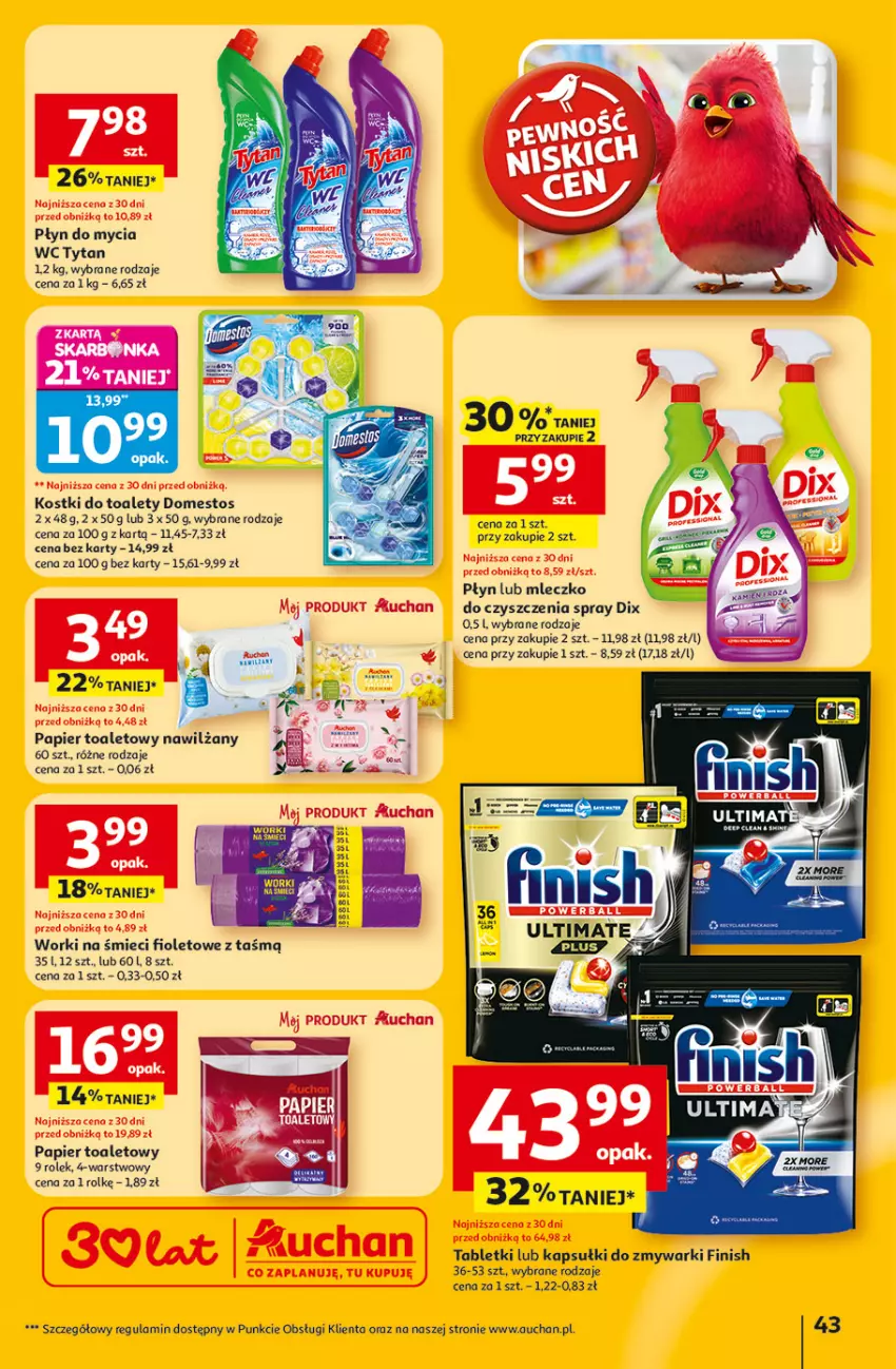 Gazetka promocyjna Auchan - Gazetka 30 Lat Hipermarket Auchan - ważna 23.04 do 28.04.2026 - strona 43 - produkty: Domestos, Finish, Mleczko, Papier, Papier toaletowy, Płyn do mycia, Tablet, Tytan, Worki na śmiec, Worki na śmieci, Zmywarki