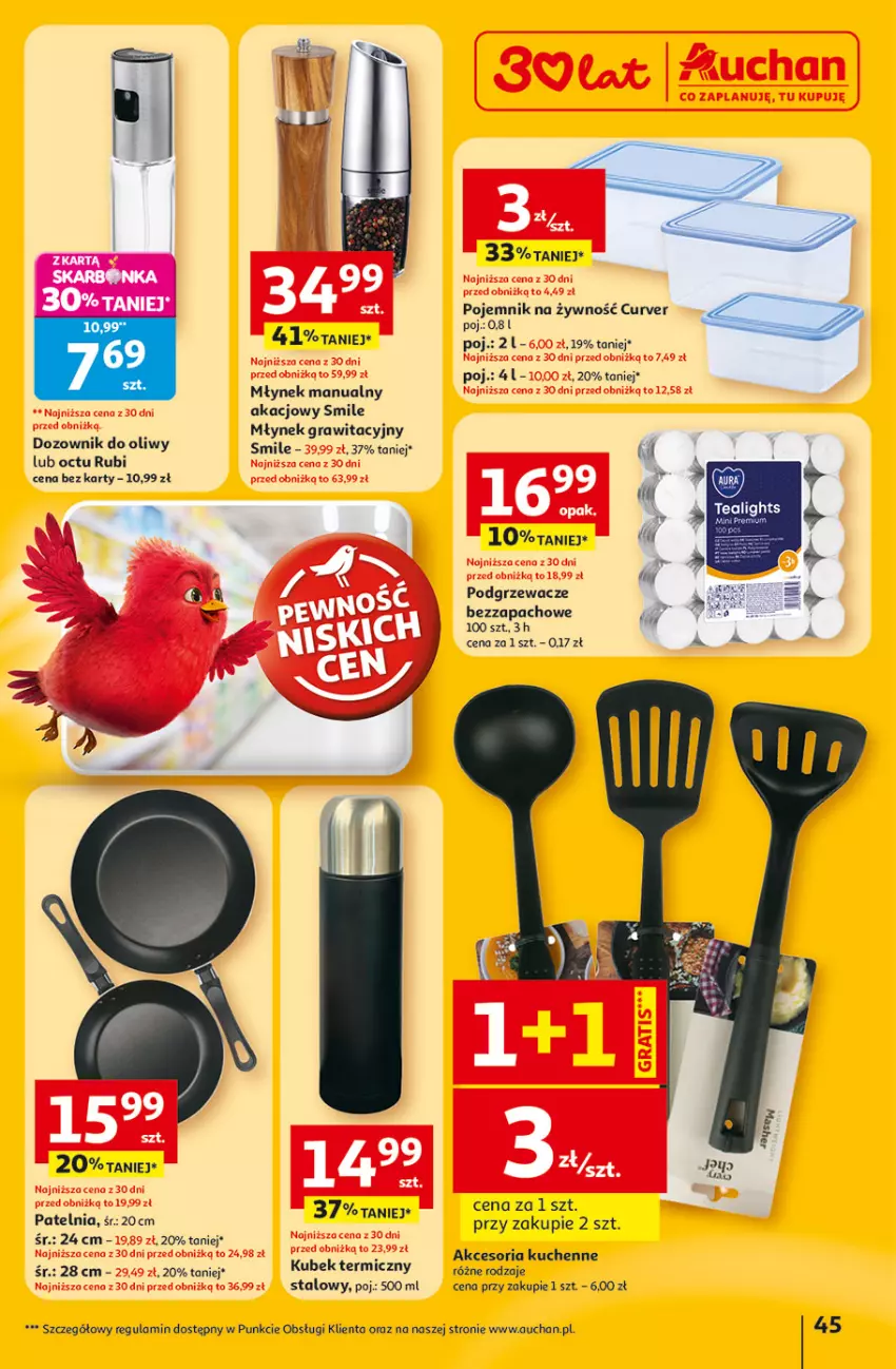 Gazetka promocyjna Auchan - Gazetka 30 Lat Hipermarket Auchan - ważna 23.04 do 28.04.2026 - strona 45 - produkty: Dozownik, Gra, Kubek, Kubek termiczny, Młynek, Patelnia, Podgrzewacze, Pojemnik