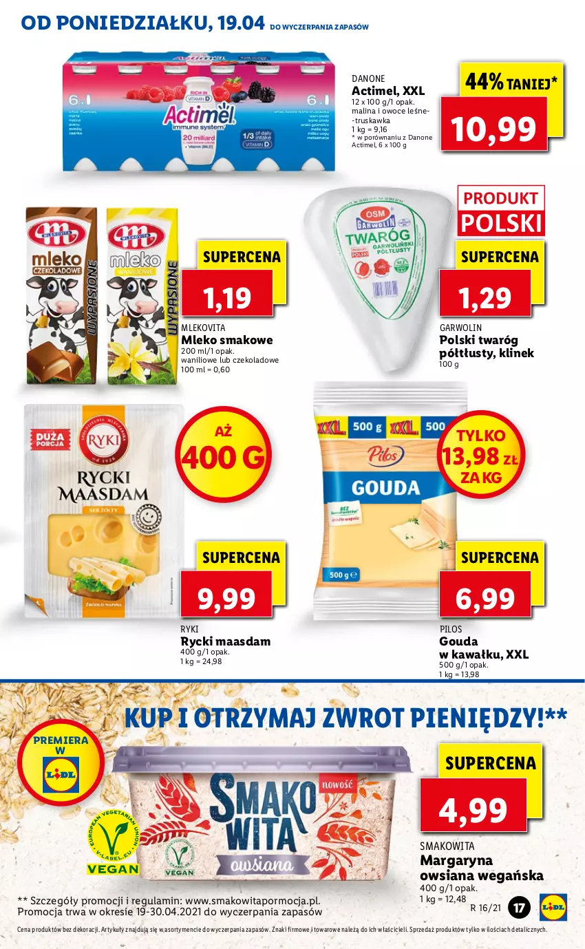 Gazetka promocyjna Lidl - GAZETKA - ważna 19.04 do 21.04.2021 - strona 17 - produkty: Actimel, Danone, Gouda, Kawa, Maasdam, Margaryna, Mleko, Mleko smakowe, Mlekovita, Owoce, Pilos, Por, Smakowita, Twaróg, Twaróg półtłusty