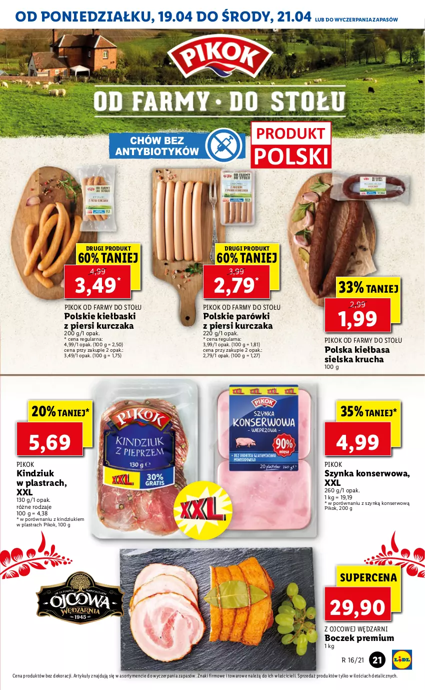 Gazetka promocyjna Lidl - GAZETKA - ważna 19.04 do 21.04.2021 - strona 21 - produkty: Boczek, Fa, Kiełbasa, Kindziuk, Kurczak, Parówki, Parówki z piersi kurczaka, PIKOK, Por, Ser, Szynka, Szynka konserwowa