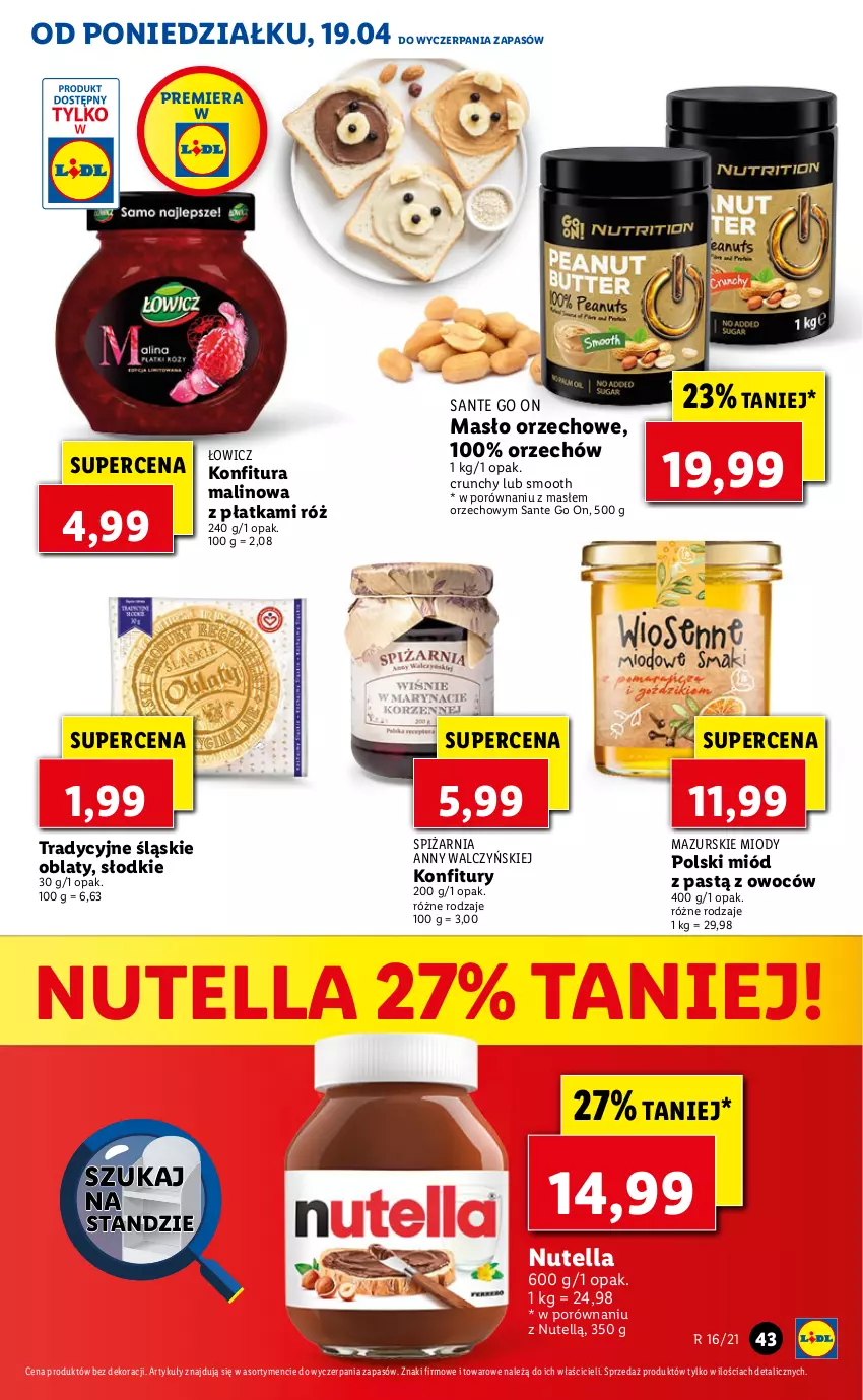 Gazetka promocyjna Lidl - GAZETKA - ważna 19.04 do 21.04.2021 - strona 43 - produkty: Konfitura, Masło, Masło orzechowe, Miód, Nutella, Por, Sante