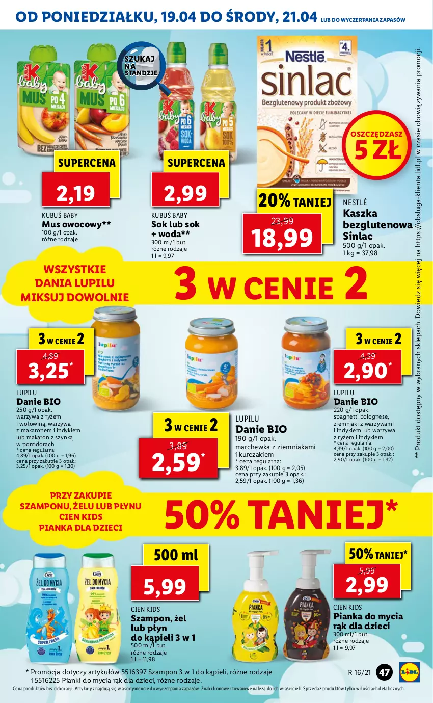 Gazetka promocyjna Lidl - GAZETKA - ważna 19.04 do 21.04.2021 - strona 47 - produkty: Dzieci, Kubuś, Kurczak, Makaron, Marchewka, Mus, Nestlé, Płyn do kąpieli, Ryż, Sinlac, Sok, Spaghetti, Szampon, Warzywa, Woda, Ziemniaki