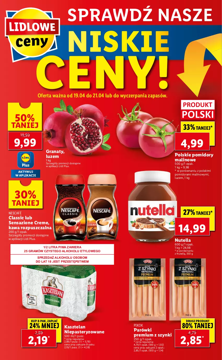 Gazetka promocyjna Lidl - GAZETKA - ważna 19.04 do 21.04.2021 - strona 56 - produkty: Gra, Granat, Kasztelan, Kawa, Kawa rozpuszczalna, Nescafé, Nutella, Parówki, PIKOK, Piwa, Pomidory, Por