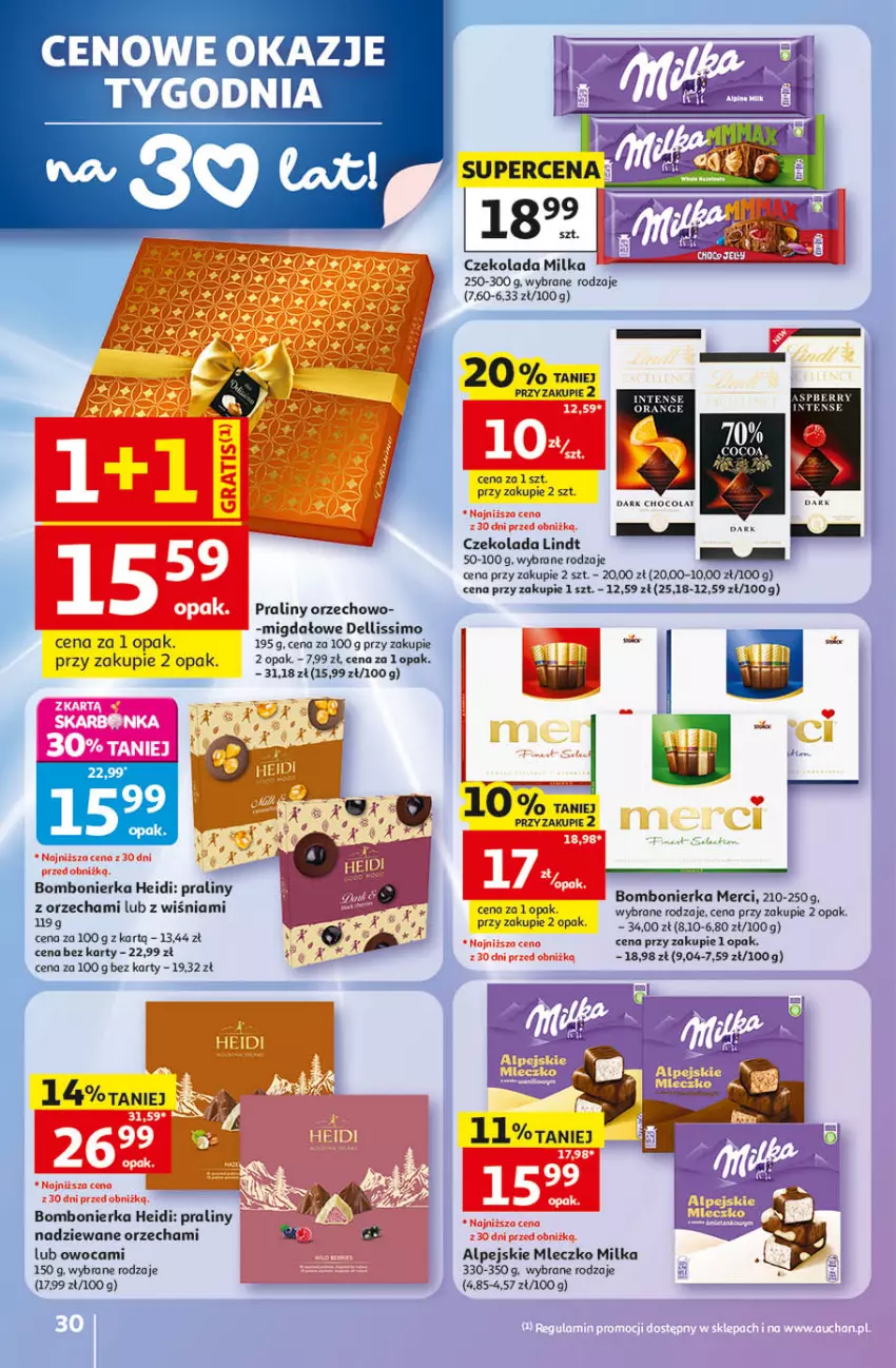Gazetka promocyjna Auchan - Gazetka 30 Lat Hipermarket Auchan - ważna 14.05 do 20.05.2026 - strona 30 - produkty: Czekolada, Dell, Lindt, Merci, Milka, Mleczko, Praliny
