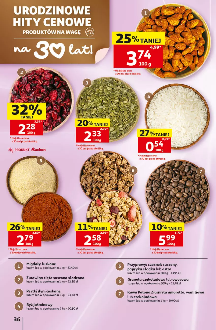 Gazetka promocyjna Auchan - Gazetka 30 Lat Hipermarket Auchan - ważna 14.05 do 20.05.2026 - strona 36 - produkty: Czosnek, Gra, Granola, Kawa, Migdały, Migdały łuskane, Papryka, Papryka słodka, Pestki dyni, Przyprawy, Ryż