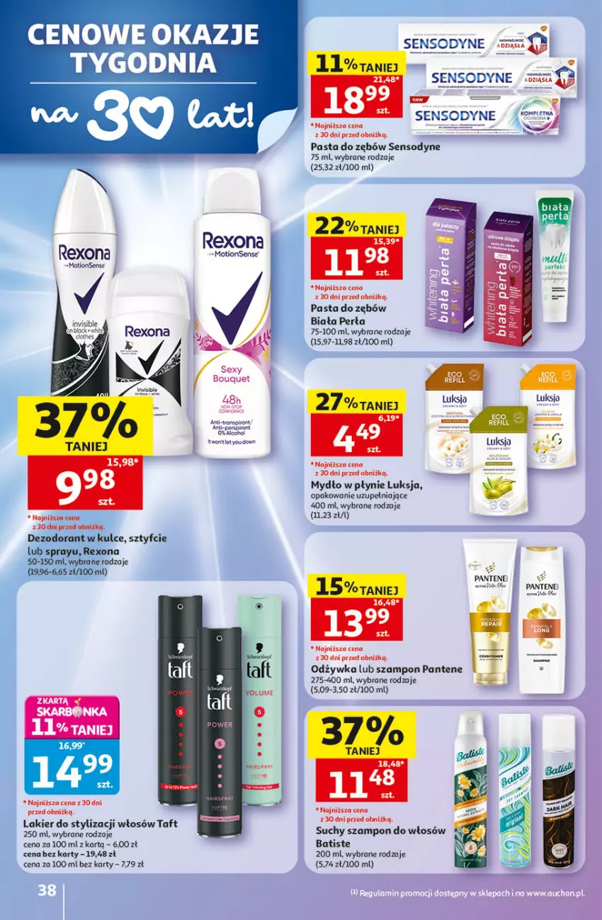 Gazetka promocyjna Auchan - Gazetka 30 Lat Hipermarket Auchan - ważna 14.05 do 20.05.2026 - strona 38 - produkty: Batiste, Dezodorant, Lakier, Luksja, Mydło, Mydło w płynie, Odżywka, Pantene, Pasta do zębów, Perła, Por, Rexona, Sensodyne, Suchy szampon, Szampon, Taft, Tran