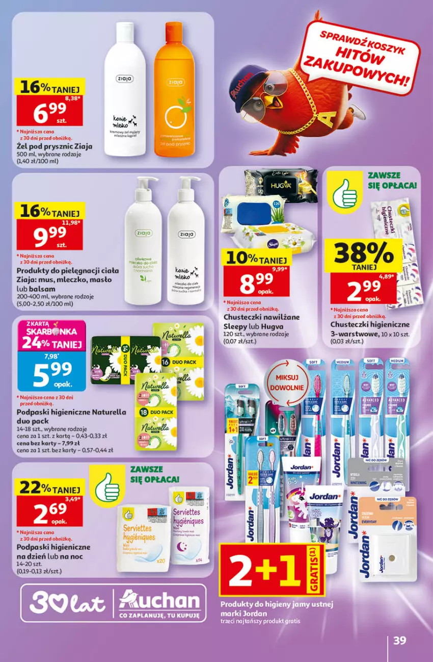 Gazetka promocyjna Auchan - Gazetka 30 Lat Hipermarket Auchan - ważna 14.05 do 20.05.2026 - strona 39 - produkty: Chusteczki, Kawa, Masło, Mleczko, Mus, Naturell, Naturella, Podpaski, Ziaja