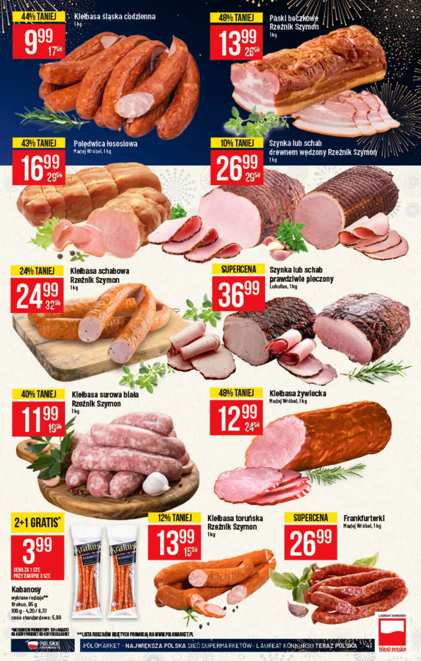 Gazetka promocyjna PoloMarket - Gazetka pomocyjna - ważna 22.12 do 31.12.2021 - strona 41 - produkty: Frankfurterki, Kabanos, Kiełbasa, Kiełbasa schabowa, Kiełbasa śląska, Krakus, Madej Wróbel, Piec, Polędwica, Sos, Szynka