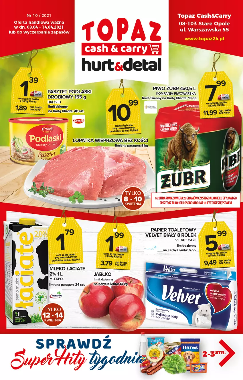 Gazetka promocyjna Topaz - Gazetka - ważna 08.04 do 14.04.2021 - strona 1 - produkty: Mleko, Papier, Papier toaletowy, Pasztet, Piwo, Podlaski, Velvet