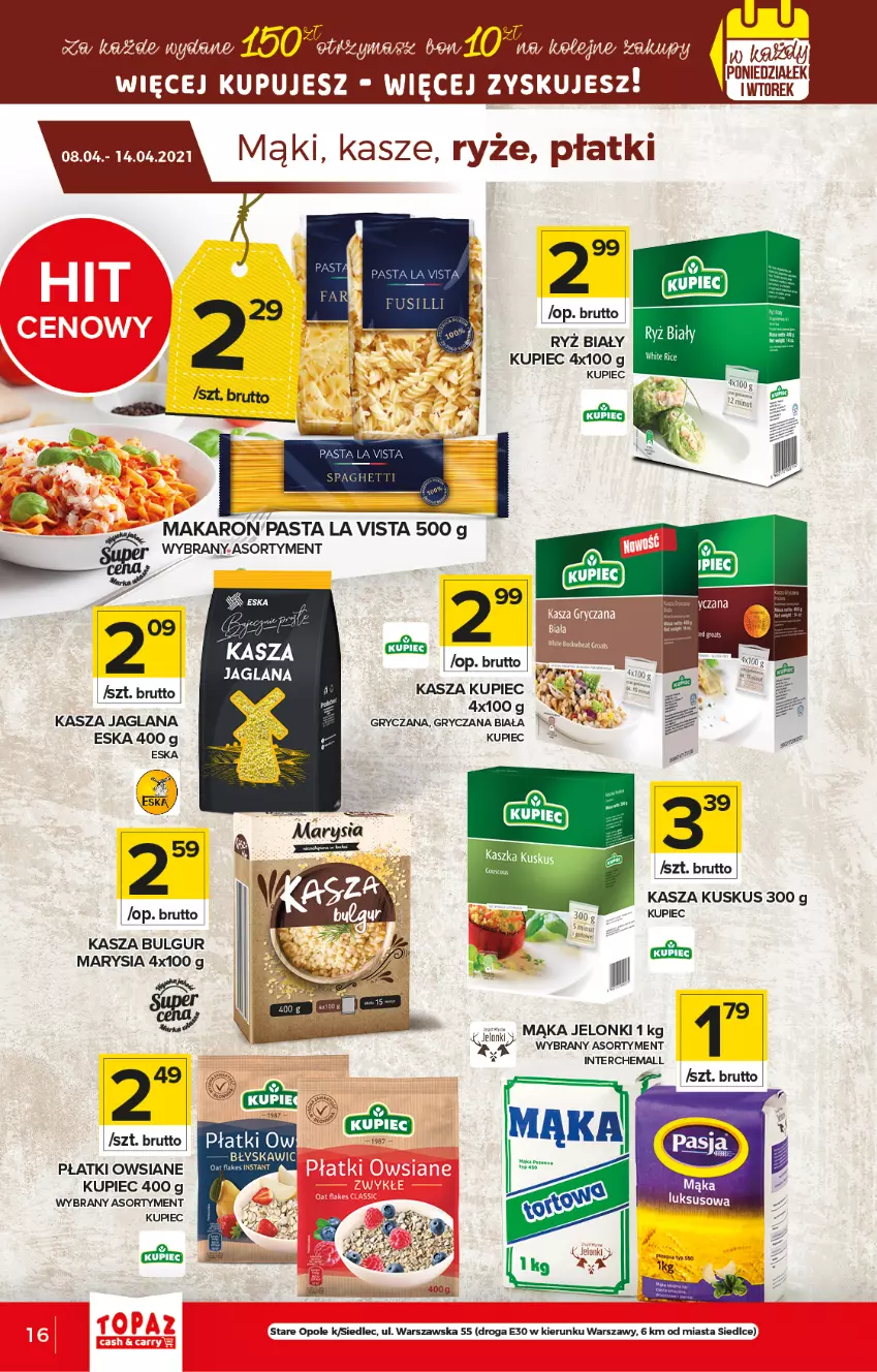 Gazetka promocyjna Topaz - Gazetka - ważna 08.04 do 14.04.2021 - strona 16 - produkty: Bulgur, Gry, Kasza, Kasza jaglana, Kupiec, Kuskus, LANA, LG, Makaron, Piec, Płatki owsiane, Ryż, Ryż biały