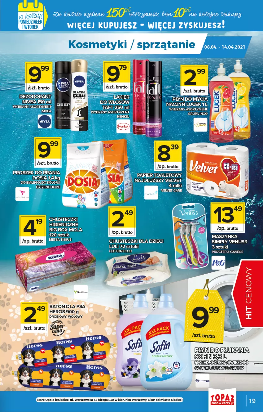 Gazetka promocyjna Topaz - Gazetka - ważna 08.04 do 14.04.2021 - strona 19 - produkty: Baton, Baton dla psa, Dezodorant, Lack, Maszynka, Nivea, Papier, Rolki, Szynka, Taft, Velvet, Venus