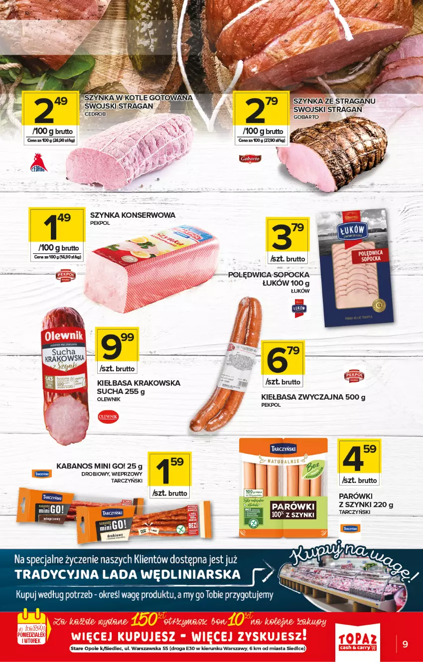 Gazetka promocyjna Topaz - Gazetka - ważna 08.04 do 14.04.2021 - strona 9 - produkty: Kabanos, Kiełbasa, Kiełbasa krakowska, Olewnik, Parówki, Parówki z szynki, Pekpol, Polędwica, Ser, Szynka, Szynka konserwowa, Tarczyński