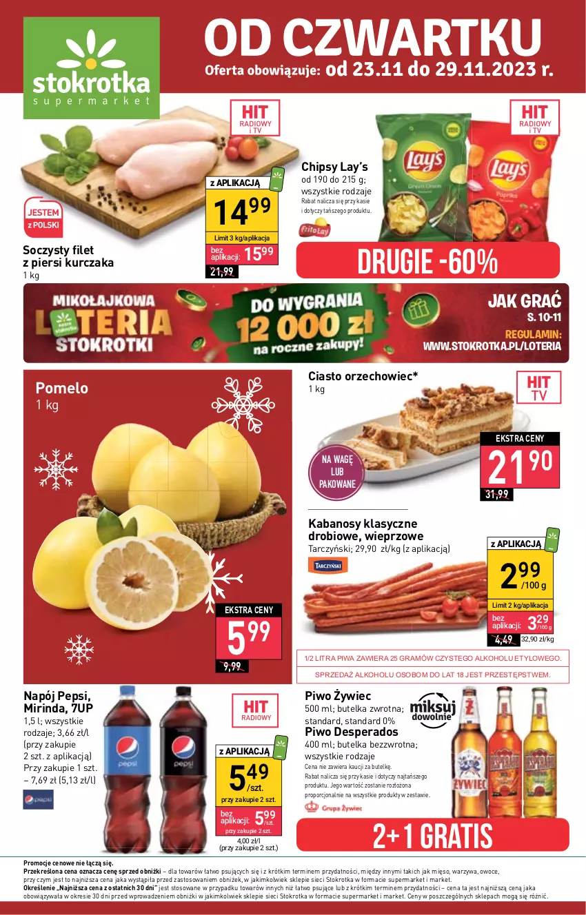 Gazetka promocyjna Stokrotka - Supermarket - ważna 23.11 do 29.11.2023 - strona 1 - produkty: 7up, Chipsy, Desperados, Filet z piersi kurczaka, Gra, Kabanos, Kurczak, Lay’s, Mięso, Mirinda, Napój, Owoce, Pepsi, Piwa, Piwo, Pomelo, Por, Tarczyński, Warzywa