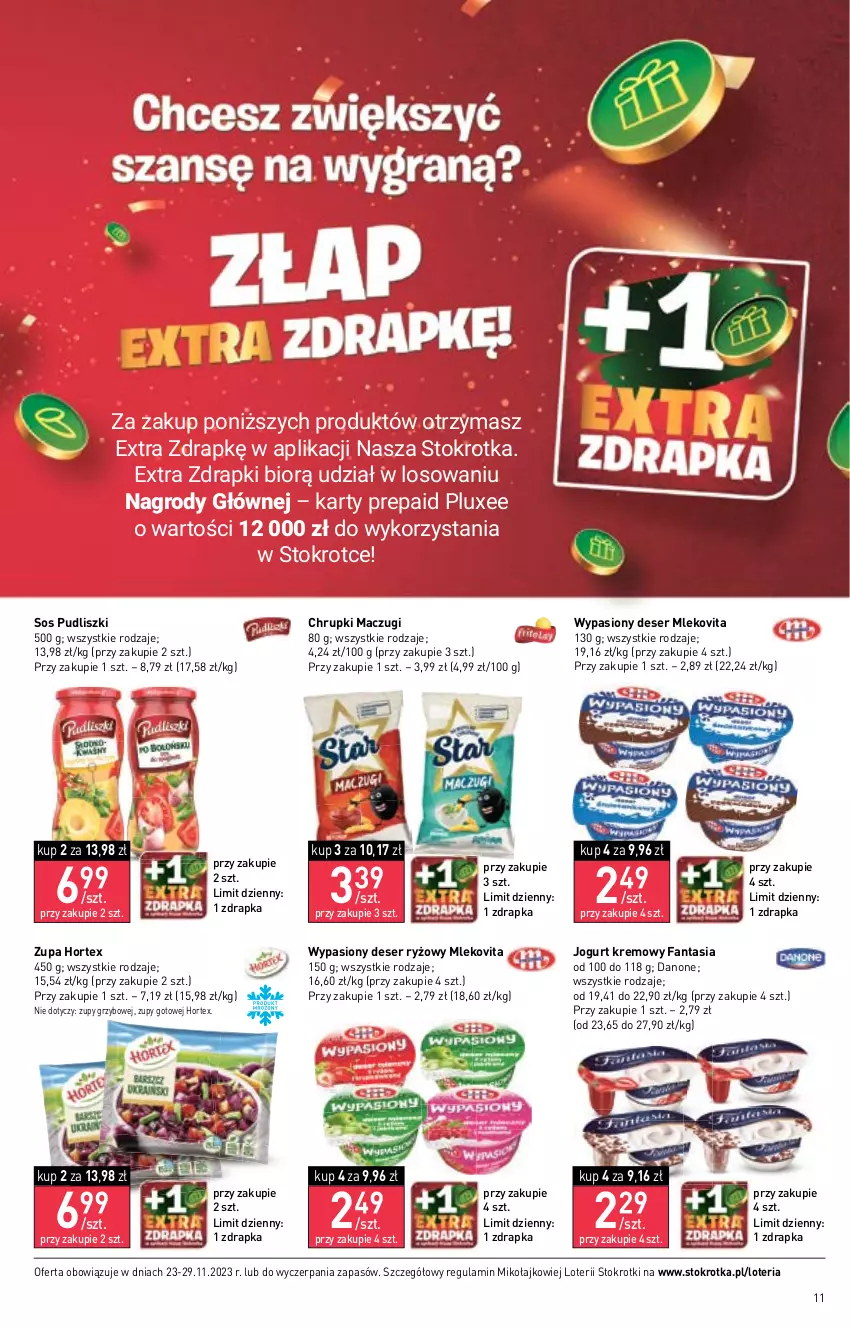 Gazetka promocyjna Stokrotka - Supermarket - ważna 23.11 do 29.11.2023 - strona 11 - produkty: Chrupki, Danone, Deser, Fa, Fanta, Hortex, Jogurt, Mleko, Mlekovita, Pudliszki, Ryż, Ser, Sos, Zupa