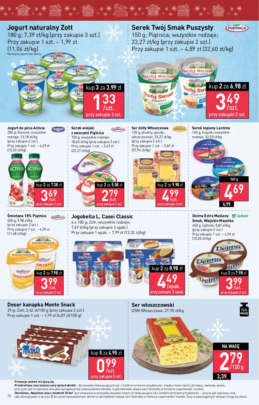 Gazetka promocyjna Stokrotka - Supermarket - ważna 23.11 do 29.11.2023 - strona 12 - produkty: Activia, Bell, Bella, Danone, Delma, Deser, Gouda, Jogobella, Jogurt, Jogurt naturalny, Mięso, Monte, Owoce, Piątnica, Ser, Serek, Serek wiejski, Top, Twój Smak, Warzywa, Włoszczowski, Zott