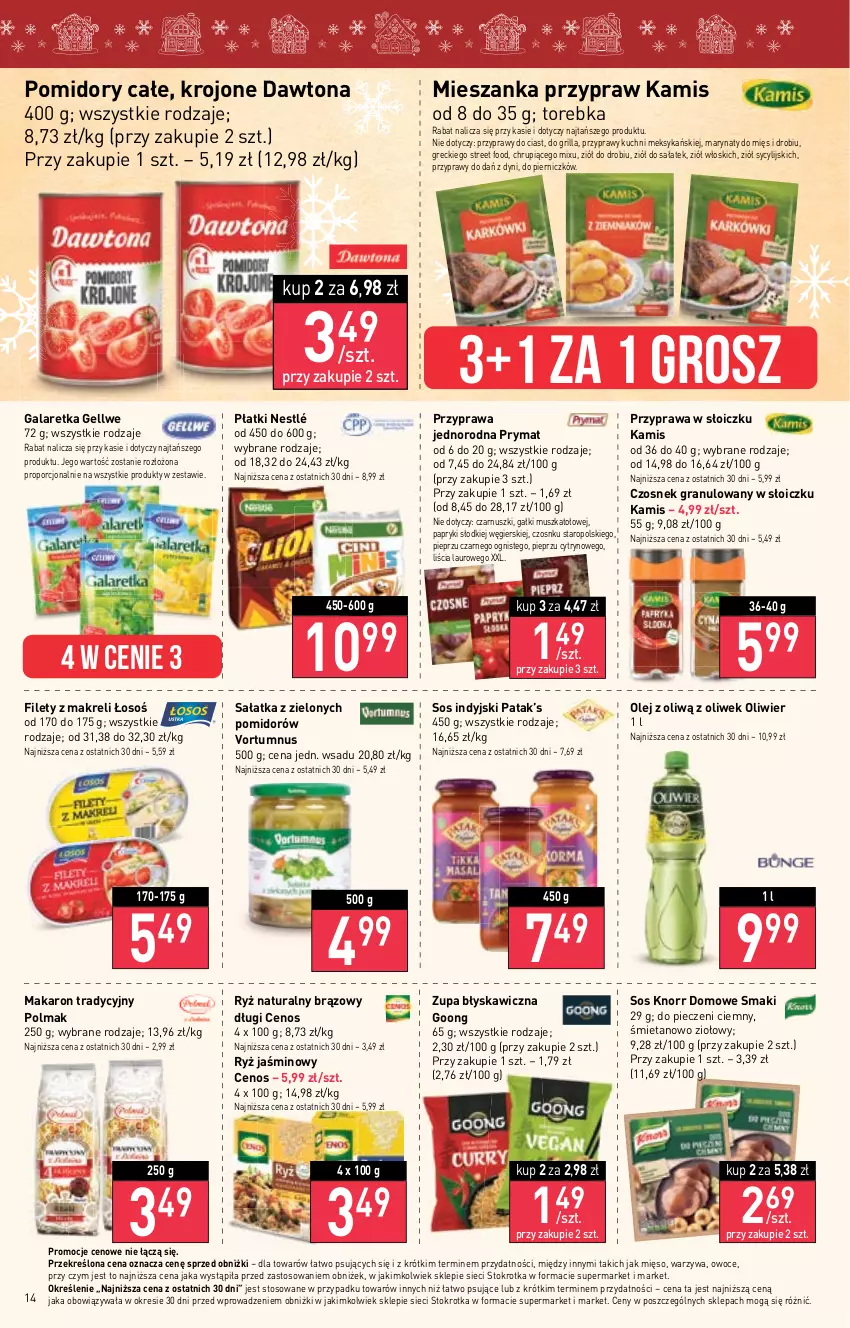 Gazetka promocyjna Stokrotka - Supermarket - ważna 23.11 do 29.11.2023 - strona 14 - produkty: Cenos, Czosnek, Czosnek granulowany, Dawtona, Gala, Galaretka, Gra, Grill, Kamis, Knorr, Laur, Makaron, Mięso, Mus, Nestlé, Olej, Olma, Owoce, Piec, Pieprz, Pomidory, Por, Prymat, Przyprawy, Ryż, Ryż naturalny, Sałat, Sałatka, Sos, Torebka, Warzywa, Zupa