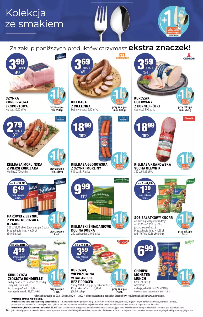 Gazetka promocyjna Stokrotka - Supermarket - ważna 23.11 do 29.11.2023 - strona 16 - produkty: Bonduelle, Cheddar, Chrupki, Danio, Gala, Kiełbasa, Kiełbasa głogowska, Kiełbasa krakowska, Knorr, Krakus, Kukurydza, Kurczak, Kurczak gotowany, Mięso, Monster Munch, Morliny, Olewnik, Owoce, Parówki, Parówki z szynki, Por, Sałat, Ser, Sos, Sport, Szynka, Szynka konserwowa, Warzywa, Wieprzowina