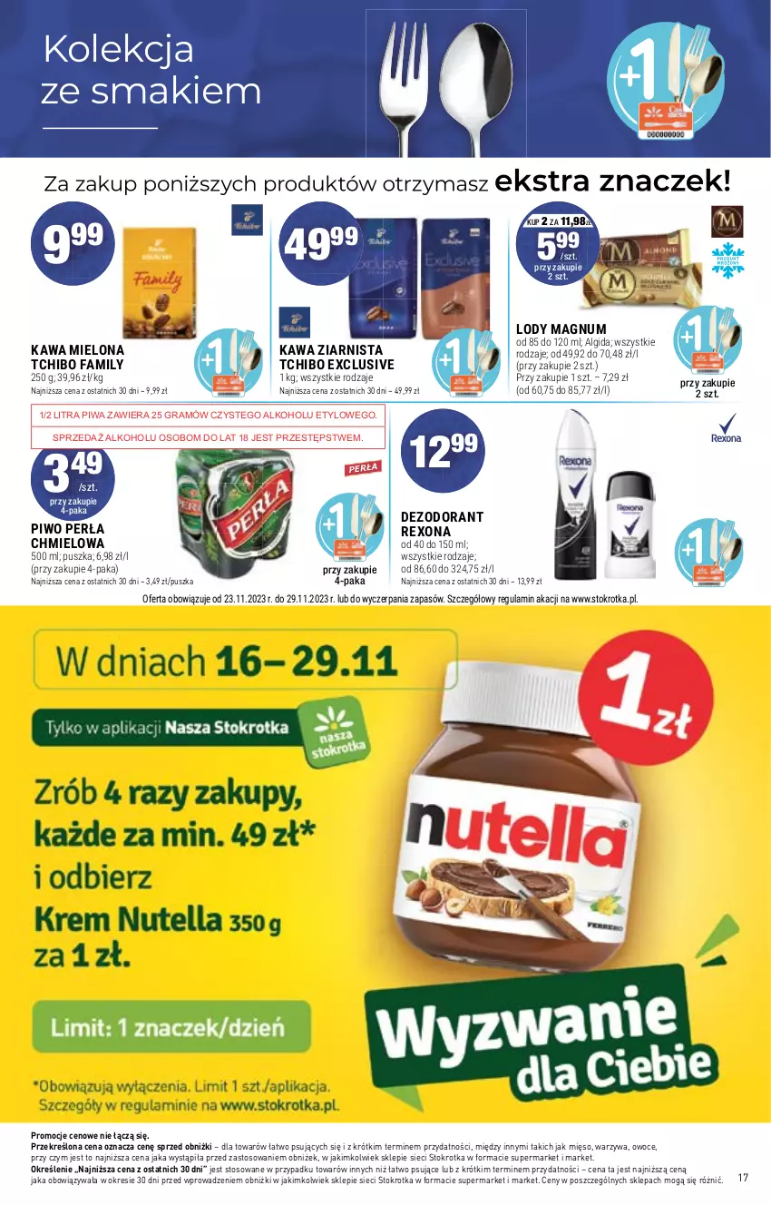 Gazetka promocyjna Stokrotka - Supermarket - ważna 23.11 do 29.11.2023 - strona 17 - produkty: Algida, Dezodorant, Fa, Gra, Kawa, Kawa mielona, Kawa ziarnista, LG, Lody, Mięso, Owoce, Perła, Piwa, Piwo, Rexona, Tchibo, Tchibo Family, Warzywa