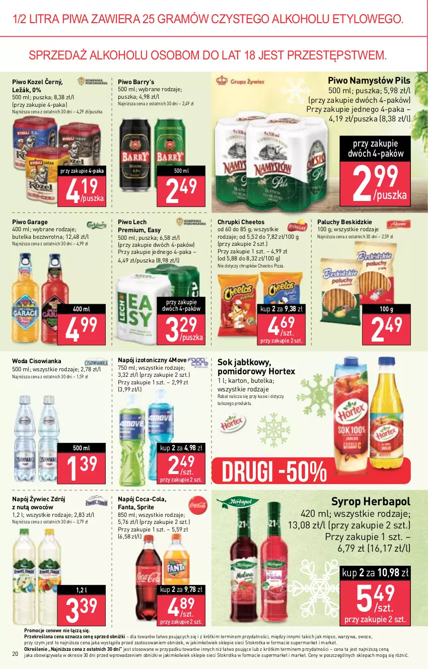 Gazetka promocyjna Stokrotka - Supermarket - ważna 23.11 do 29.11.2023 - strona 20 - produkty: Beskidzki, Cheetos, Chrupki, Cisowianka, Coca-Cola, Fa, Fanta, Gra, Herbapol, Hortex, Kozel, Lech Premium, Mięso, Namysłów, Napój, Napój izotoniczny, Owoce, Piwa, Piwo, Pizza, Sok, Sok jabłkowy, Sprite, Syrop, Warzywa, Woda