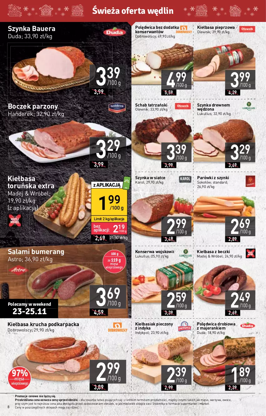 Gazetka promocyjna Stokrotka - Supermarket - ważna 23.11 do 29.11.2023 - strona 8 - produkty: Basia, Boczek, Bumerang, Duda, Karp, Kiełbasa, Kiełbasa krucha, Mięso, Olewnik, Owoce, Parówki, Parówki z szynki, Piec, Pieprz, Polędwica, Salami, Ser, Sok, Sokołów, Szynka, Warzywa