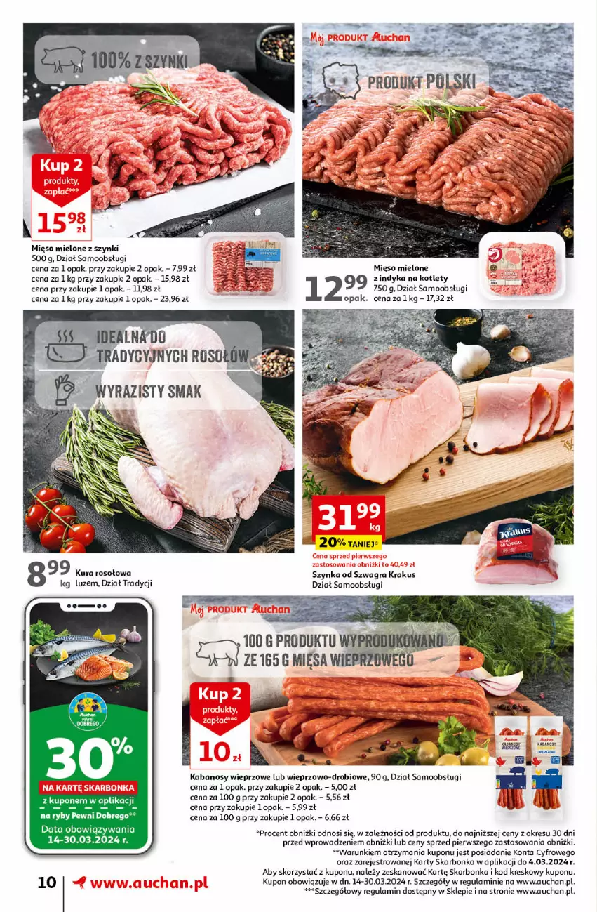 Gazetka promocyjna Auchan - Wielkanoc z najlepszej cenie! Część 1. Supermarket Auchan - ważna 14.03 do 20.03.2024 - strona 10 - produkty: Fa, Gra, Kabanos, Kotlet, Krakus, Mięso, Mięso mielone, Mięso mielone z szynki, Szynka