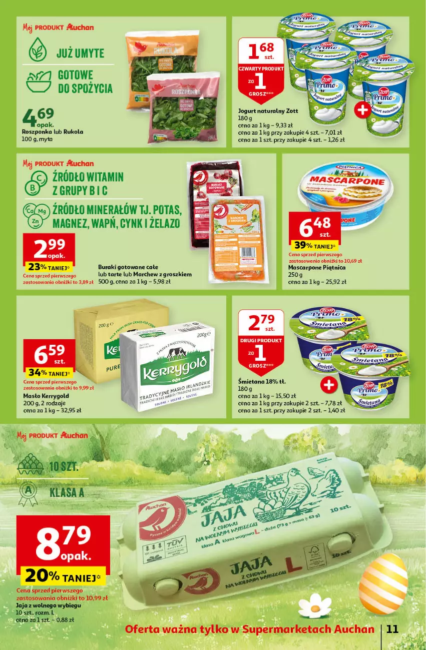 Gazetka promocyjna Auchan - Wielkanoc z najlepszej cenie! Część 1. Supermarket Auchan - ważna 14.03 do 20.03.2024 - strona 11 - produkty: Buraki, Jaja, Jaja z wolnego wybiegu, Jogurt, Jogurt naturalny, Mascarpone, Masło, Piątnica, Roszponka, Rukola, Zott