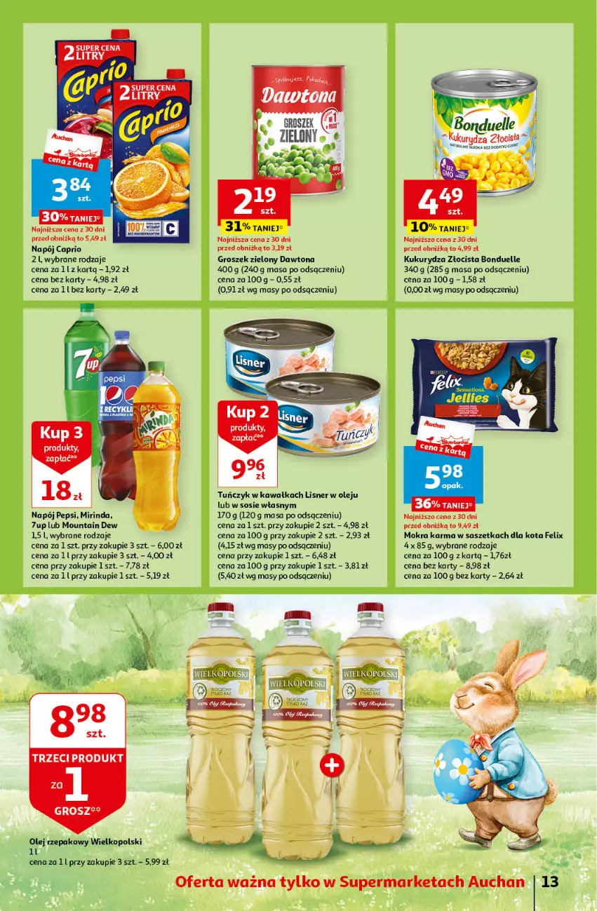 Gazetka promocyjna Auchan - Wielkanoc z najlepszej cenie! Część 1. Supermarket Auchan - ważna 14.03 do 20.03.2024 - strona 13 - produkty: 7up, Bonduelle, Dawtona, Felix, Groszek, Kawa, Kukurydza, Lisner, Mirinda, Mokra karma, Napój, Olej, Pepsi, Sos, Tuńczyk