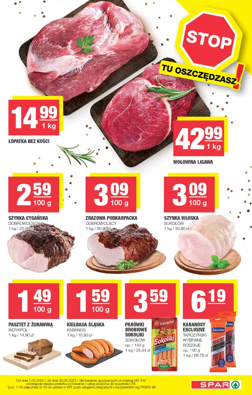 Gazetka promocyjna Spar - Spar - ważna 12.02 do 22.02.2023 - strona 5 - produkty: Kabanos, Karp, Kiełbasa, Kiełbasa śląska, Parówki, Pasztet, Sok, Sokołów, Szynka, Szynka cygańska, Tarczyński, Wołowina