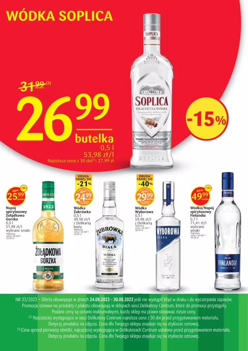 Gazetka promocyjna Delikatesy Centrum - Folder alkoholowy DC33 - ważna 24.08 do 30.08.2023 - strona 1 - produkty: Finlandia, Napój, Rum, Soplica, Wódka, Wyborowa