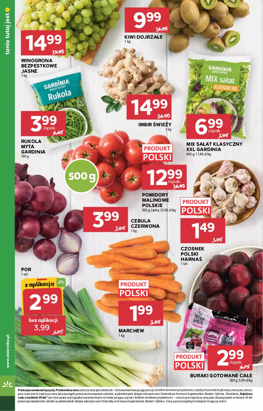 Gazetka promocyjna Stokrotka - Supermarket - ważna 12.02 do 18.02.2026 - strona 14 - produkty: Buraki, Cebula, Cebula czerwona, Czosnek, Harnaś, Imbir, Kiwi, Mięso, Optima, Owoce, Pomidory, Por, Rukola, Sałat, Warzywa, Wino, Winogrona, Winogrona bezpestkowe