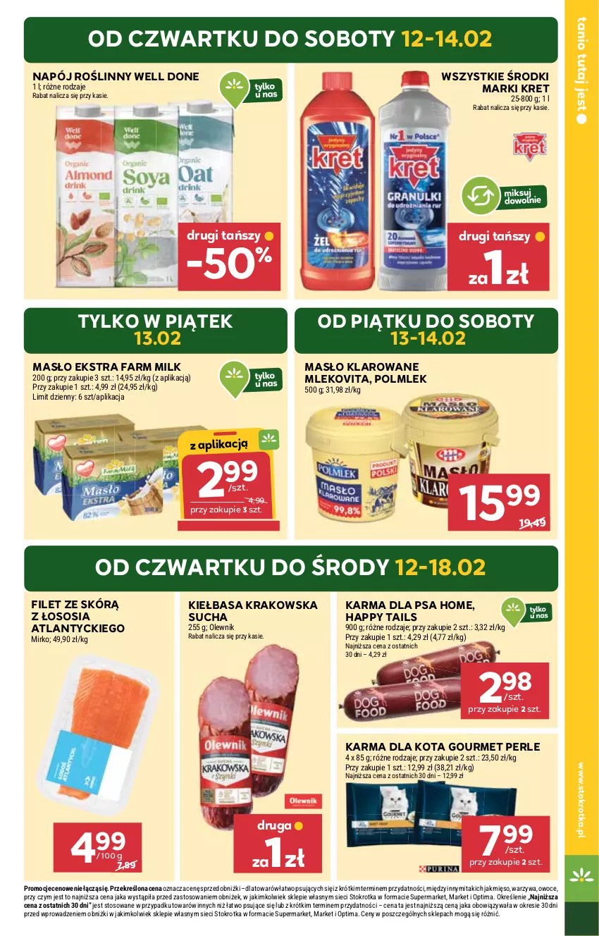 Gazetka promocyjna Stokrotka - Supermarket - ważna 12.02 do 18.02.2026 - strona 3 - produkty: Fa, Farm Milk, Kiełbasa, Kiełbasa krakowska, Kret, Masło, Masło klarowane, Mięso, Mleko, Mlekovita, Napój, Napój roślinny, Olewnik, Optima, Owoce, POLMLEK, Sos, Warzywa