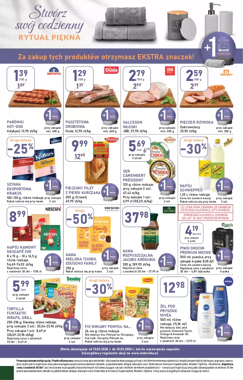 Gazetka promocyjna Stokrotka - Supermarket - ważna 12.02 do 18.02.2026 - strona 36 - produkty: Avocado, Camembert, Duda, Fa, Filet z piersi kurczaka, Gra, Grill, Jacobs, Jacobs Krönung, Kawa, Kawa mielona, Kawa rozpuszczalna, Koc, Krakus, Kurczak, Mięso, Napój, Nescafé, Nivea, Okocim, Optima, Owoce, Parówki, Pasztet, Piec, Pieczeń rzymska, Piwa, Piwo, Por, Président, Salceson, Schweppes, Ser, Sport, Szynka, Tchibo, Tortilla, Warzywa, Winiary