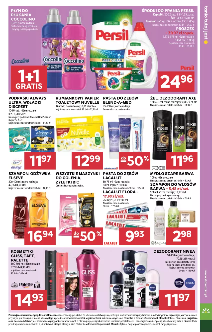 Gazetka promocyjna Stokrotka - Supermarket - ważna 12.02 do 18.02.2026 - strona 37 - produkty: Always, Always Ultra, BIC, Blend-a-Med, Coccolino, Dezodorant, Discreet, Elseve, Flora, Gra, Lacalut, Lack, Mięso, Mydło, Nivea, Odżywka, Optima, Owoce, Palette, Papier, Pasek, Pasta do zębów, Persil, Płyn do płukania, Podpaski, Rum, Szampon, Taft, Warzywa, Wkładki
