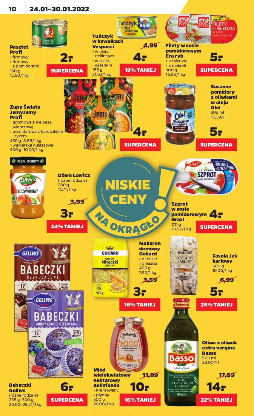 Gazetka promocyjna Netto - Gazetka spożywcza - ważna 24.01 do 30.01.2022 - strona 10 - produkty: Babeczki, Bell, Bella, Dżem, Era Ryb, Fa, Fasola, Gin, Goliard, Gra, Graal, Groch, Kawa, Kurczak, Makaron, Miód, Nektar, Ole!, Olej, Oliwa z oliwek, Pasztet, Pomidory, Ryż, Sos, Suszone pomidory, Szprot, Szprot w sosie, Tuńczyk