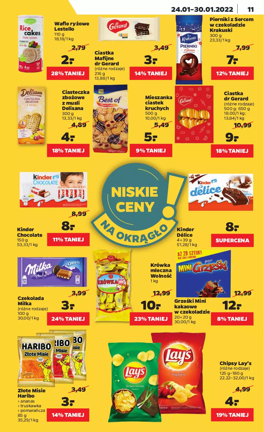 Gazetka promocyjna Netto - Gazetka spożywcza - ważna 24.01 do 30.01.2022 - strona 11 - produkty: Ananas, Chipsy, Ciastka, Czekolada, Dr Gerard, Grześki, Haribo, Isana, Kakao, Kinder, Krakus, Krakuski, Lay’s, Milka, Mus, Piernik, Ryż, Ser, Stek, Wafle