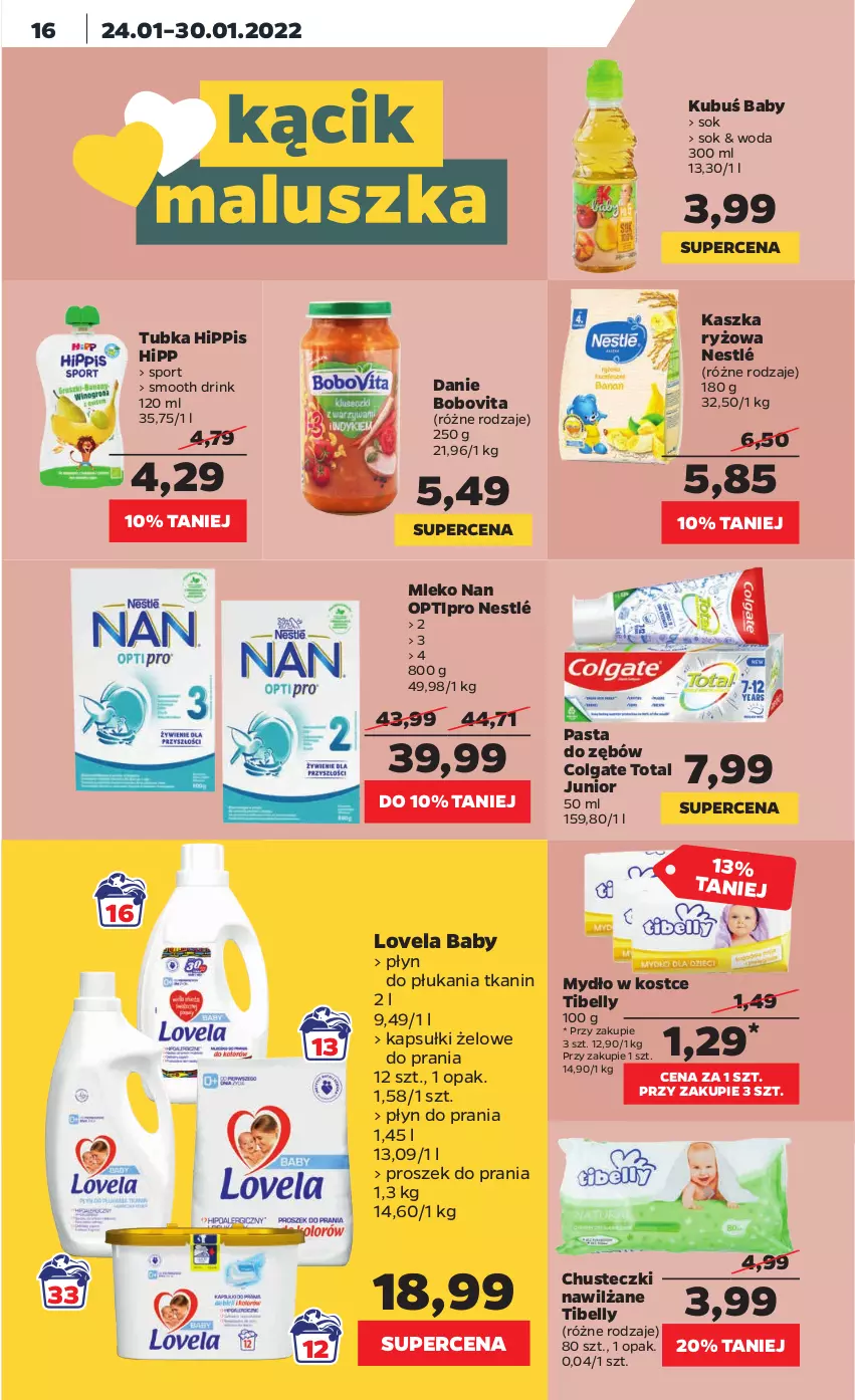 Gazetka promocyjna Netto - Gazetka spożywcza - ważna 24.01 do 30.01.2022 - strona 16 - produkty: Bell, BoboVita, Chusteczki, Colgate, Colgate Total, HiPP, Kubuś, LG, Lovela, Mleko, Mydło, NAN Optipro, Nestlé, Pasta do zębów, Płyn do płukania, Płyn do prania, Por, Proszek do prania, Ryż, Sok, Sport, Woda