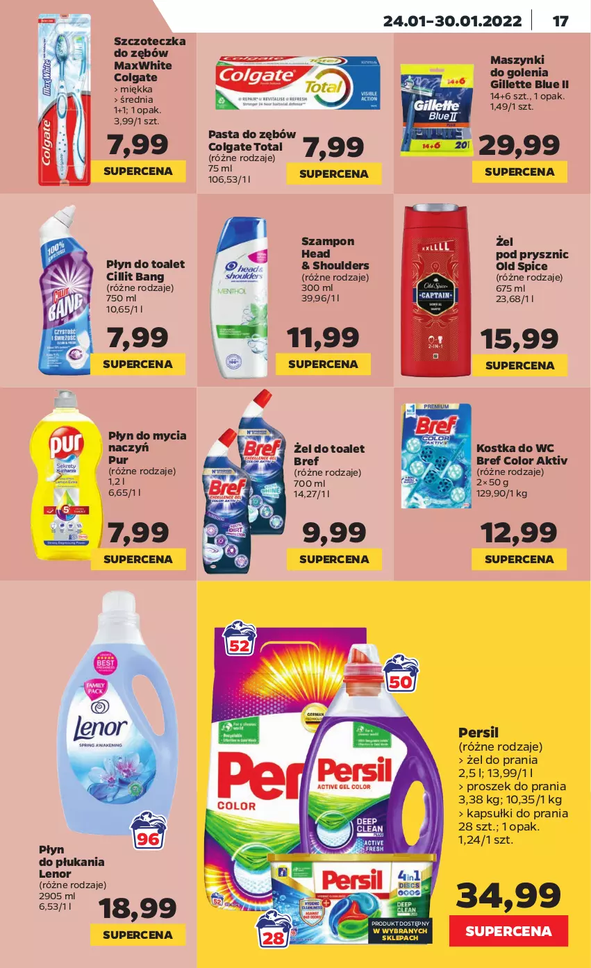 Gazetka promocyjna Netto - Gazetka spożywcza - ważna 24.01 do 30.01.2022 - strona 17 - produkty: Bref, Cillit Bang, Colgate, Colgate Total, Do mycia naczyń, Gillette, Kapsułki do prania, Kostka do wc, Lenor, LG, Old Spice, Pasta do zębów, Persil, Płyn do mycia, Płyn do mycia naczyń, Płyn do płukania, Proszek do prania, Pur, Szampon, Szczoteczka, Szczoteczka do zębów