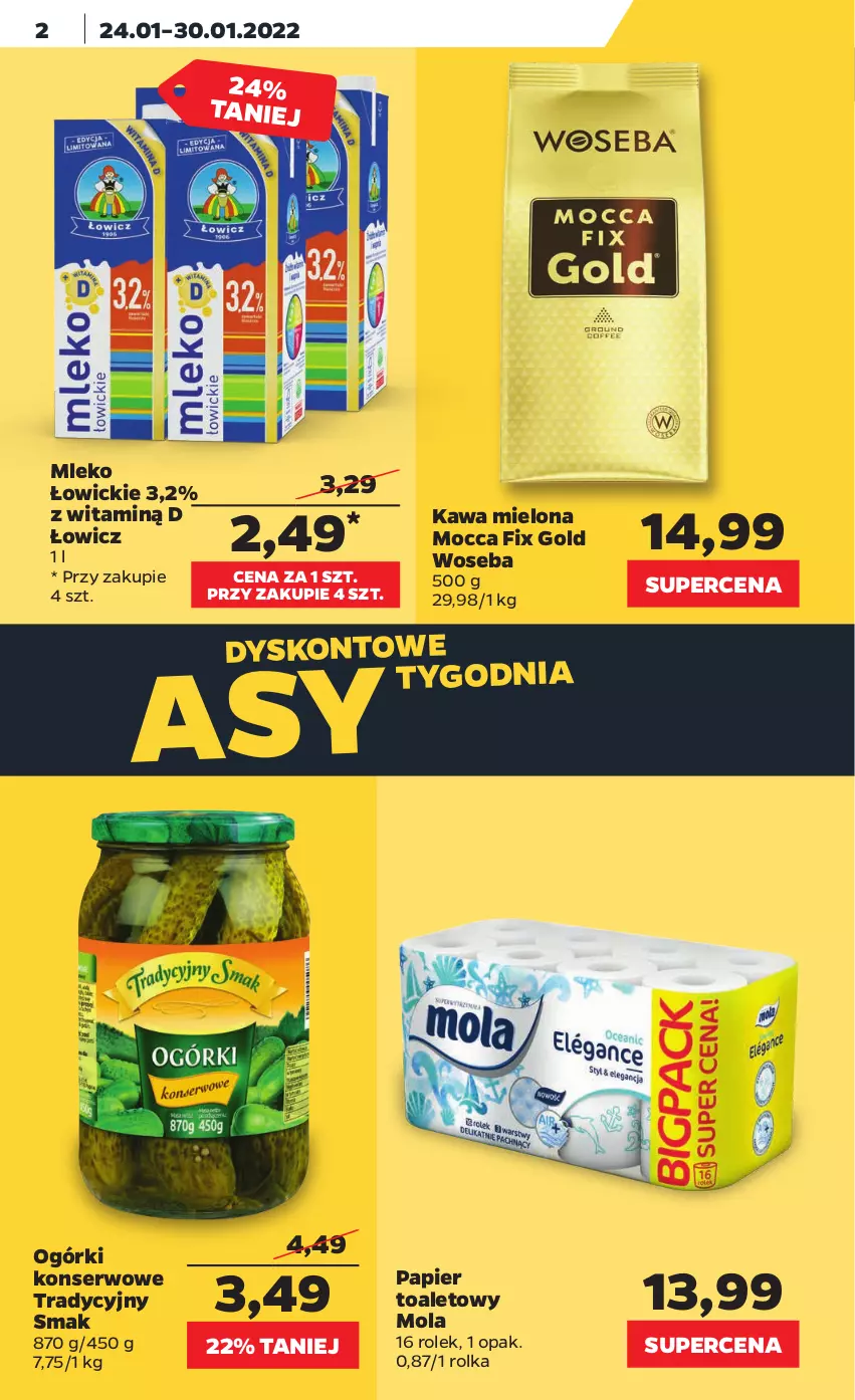 Gazetka promocyjna Netto - Gazetka spożywcza - ważna 24.01 do 30.01.2022 - strona 2 - produkty: Kawa, Kawa mielona, Mleko, Mocca Fix Gold, Mola, Ogórki konserwowe, Papier, Papier toaletowy, Ser, Woseba