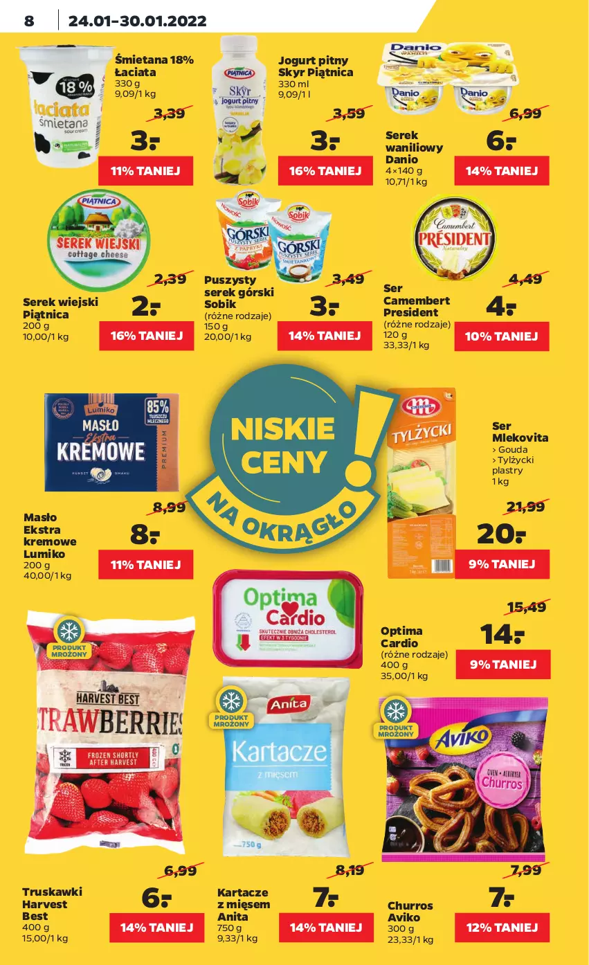 Gazetka promocyjna Netto - Gazetka spożywcza - ważna 24.01 do 30.01.2022 - strona 8 - produkty: Camembert, Danio, Gouda, Jogurt, Jogurt pitny, Masło, Mleko, Mlekovita, Optima, Optima Cardio, Piątnica, Ser, Serek, Serek wiejski, Truskawki