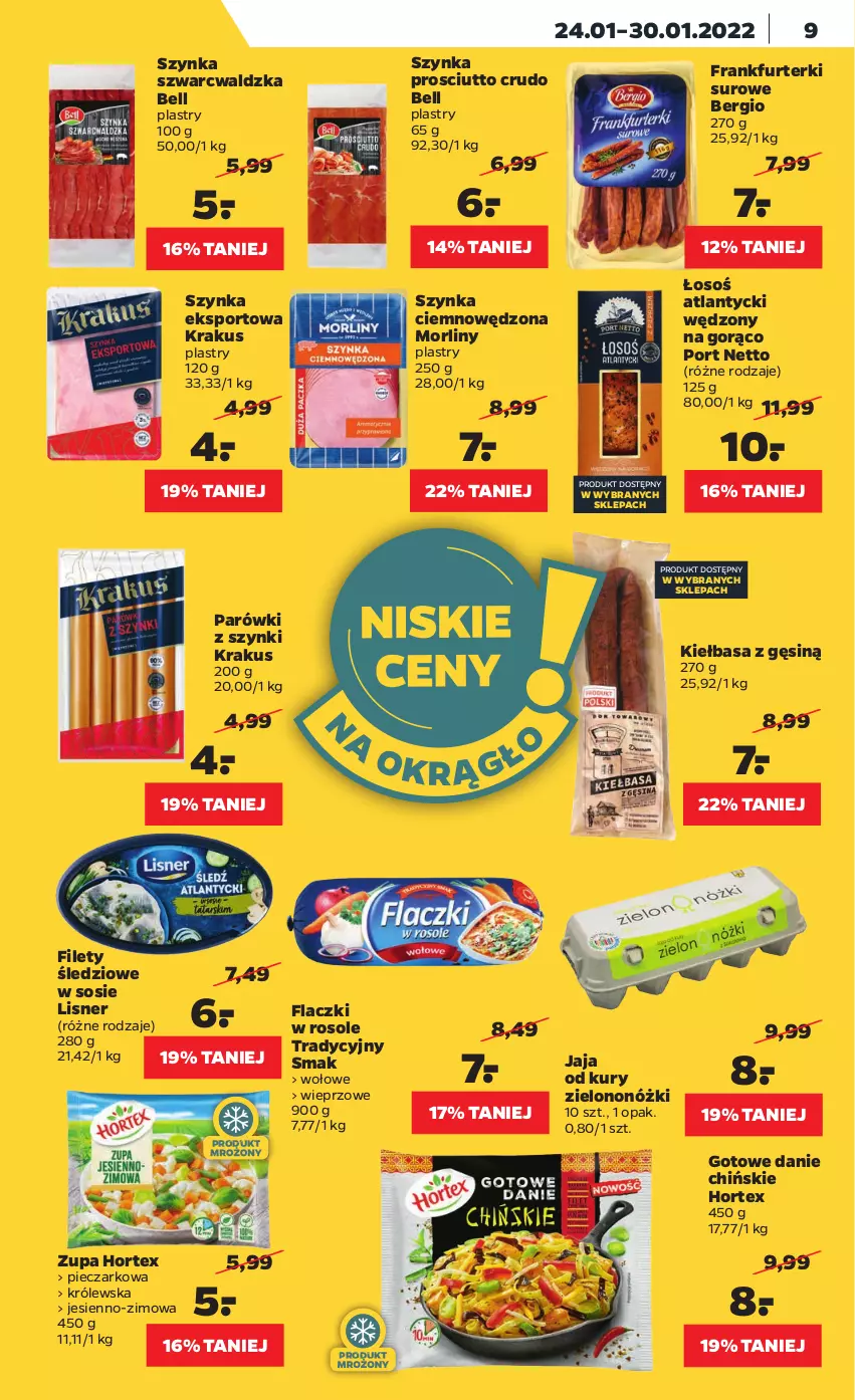 Gazetka promocyjna Netto - Gazetka spożywcza - ważna 24.01 do 30.01.2022 - strona 9 - produkty: Bell, Frankfurterki, Hortex, Jaja, Kiełbasa, Krakus, Lisner, Morliny, Parówki, Parówki z szynki, Piec, Por, Prosciutto, Sos, Sport, Szynka, Zupa