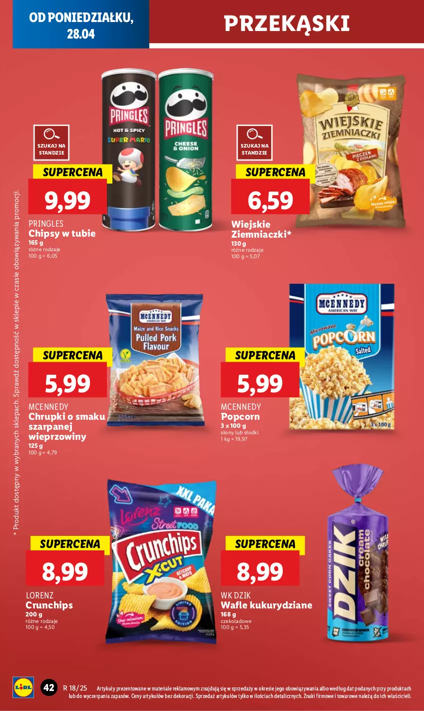 Gazetka promocyjna Lidl - GAZETKA - ważna 28.04 do 29.04.2025 - strona 46 - produkty: Chipsy, Chrupki, Crunchips, Lorenz, Popcorn, Pringles, Wafle