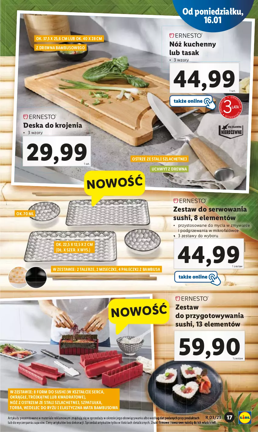 Gazetka promocyjna Lidl - GAZETKA - ważna 16.01 do 18.01.2023 - strona 23 - produkty: Deska do krojenia, Fa, Mata bambusowa, Ryż, Ser, Sushi, Szpatułka, Talerz, Torba, Widelec