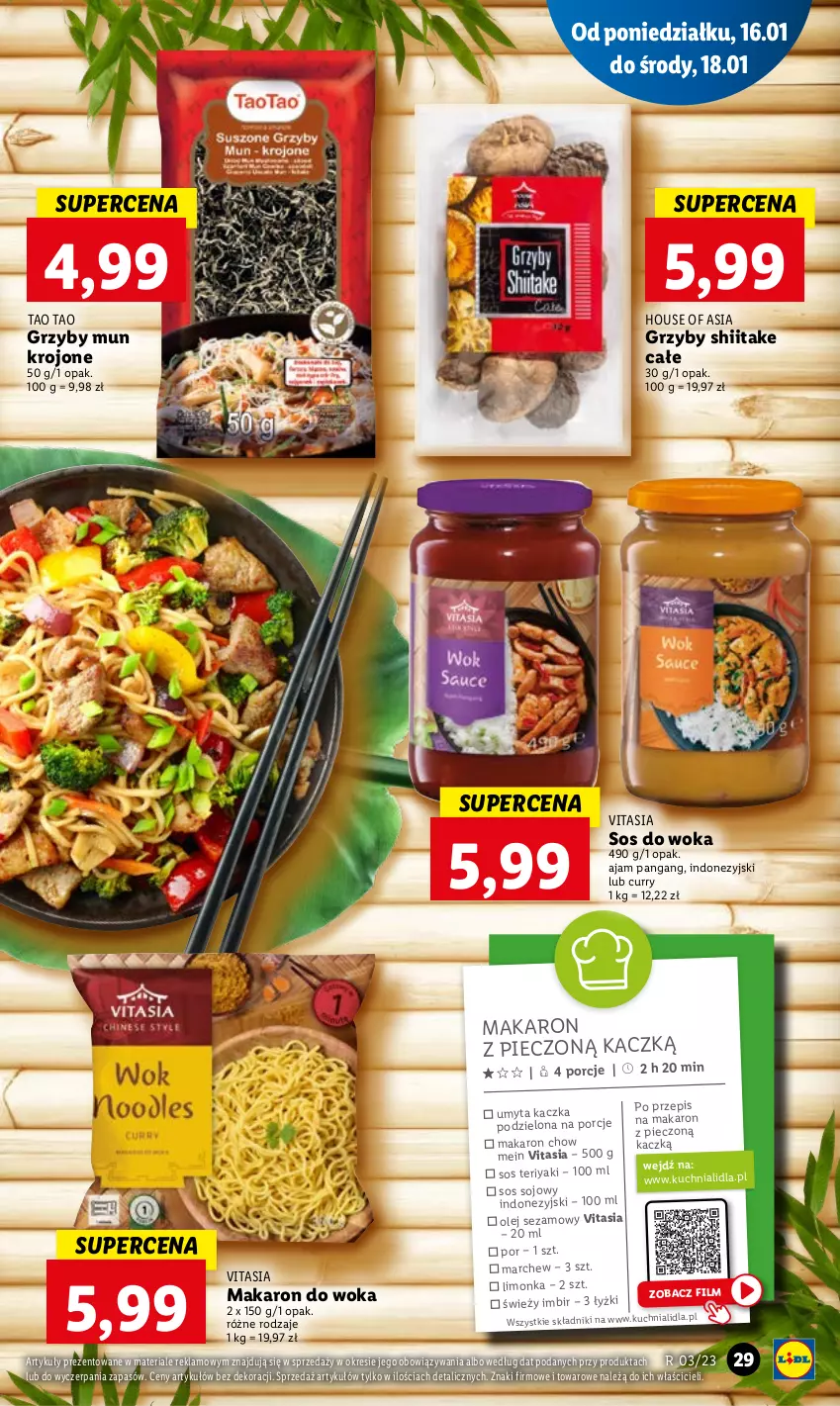 Gazetka promocyjna Lidl - GAZETKA - ważna 16.01 do 18.01.2023 - strona 35 - produkty: Grzyby, Grzyby mun, Grzyby shiitake, House of Asia, Imbir, Kaczka, Kuchnia, Limonka, Makaron, Olej, Olej sezamowy, Panga, Piec, Por, Sezam, Sos, Sos sojowy