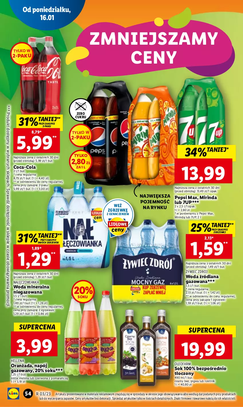 Gazetka promocyjna Lidl - GAZETKA - ważna 16.01 do 18.01.2023 - strona 60 - produkty: 7up, Coca-Cola, Fa, Hellena, LANA, Mirinda, Nałęczowianka, Napój, Napój gazowany, Oleo, Oleofarm, Oranżada, Pepsi, Pepsi max, Por, Sok, Woda, Woda mineralna