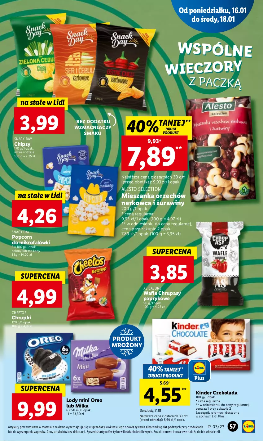 Gazetka promocyjna Lidl - GAZETKA - ważna 16.01 do 18.01.2023 - strona 63 - produkty: Babuni, Cheetos, Chipsy, Chrupki, Czekolada, Fa, Kinder, Lody, Milka, Oreo, Popcorn