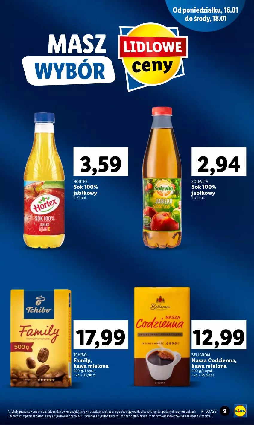 Gazetka promocyjna Lidl - GAZETKA - ważna 16.01 do 18.01.2023 - strona 9 - produkty: Bell, Bella, Fa, Hortex, Kawa, Kawa mielona, Sok, Tchibo, Tchibo Family