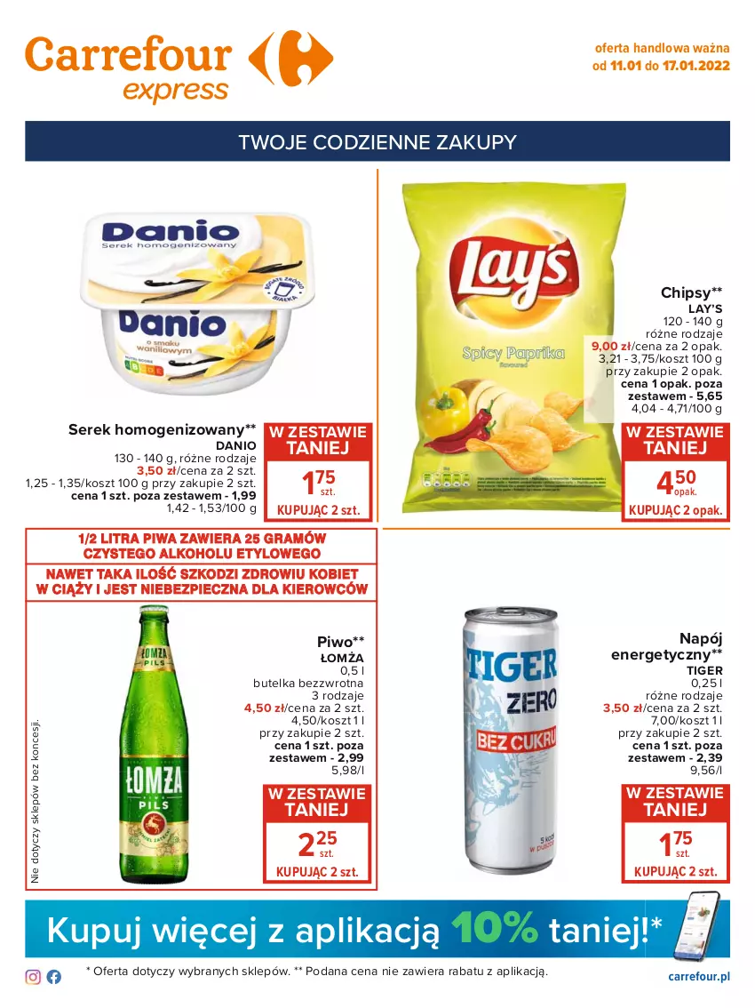 Gazetka promocyjna Carrefour - Gazetka Express - ważna 11.01 do 17.01.2022 - strona 1 - produkty: Chipsy, Danio, Gra, Kosz, Lay’s, Napój, Napój energetyczny, Piec, Piwa, Piwo, Ser, Serek, Serek homogenizowany, Tiger