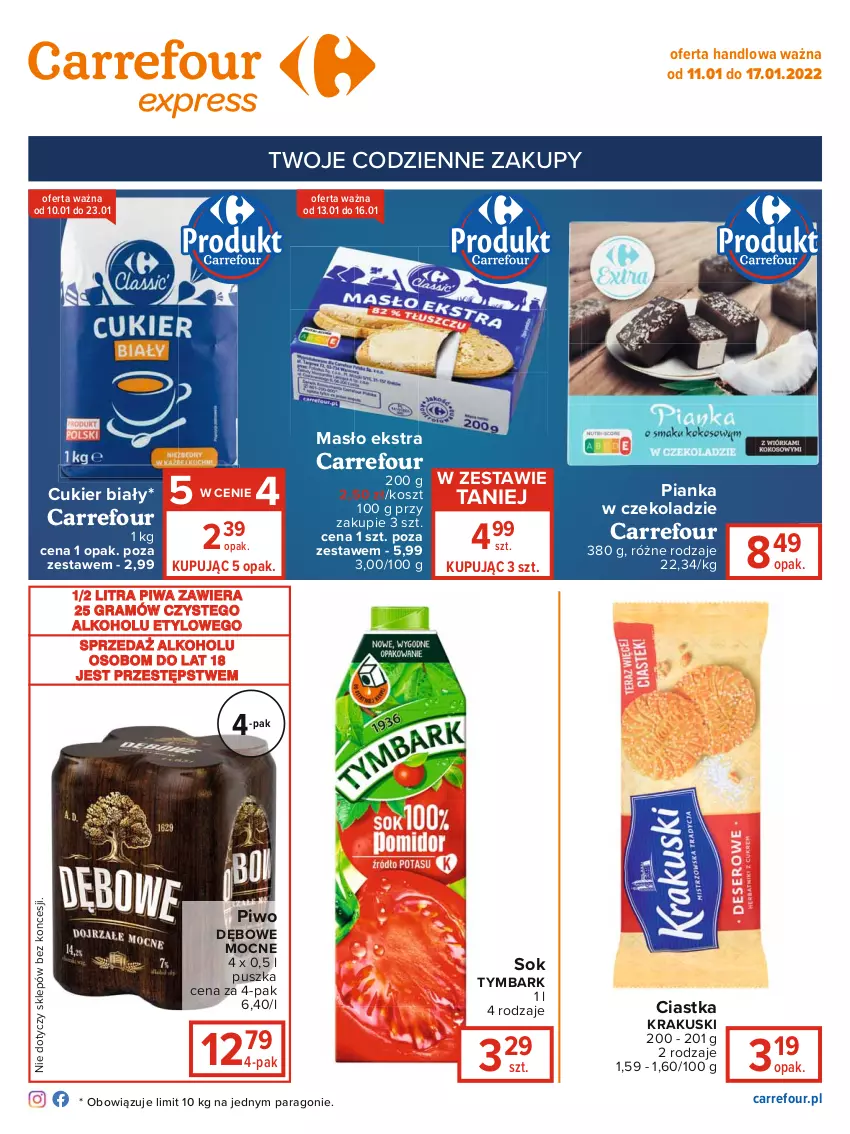 Gazetka promocyjna Carrefour - Gazetka Express - ważna 11.01 do 17.01.2022 - strona 2 - produkty: Ciastka, Cukier, Gra, Kosz, Krakus, Krakuski, Masło, Pianka w czekoladzie, Piwa, Piwo, Sok, Tymbark