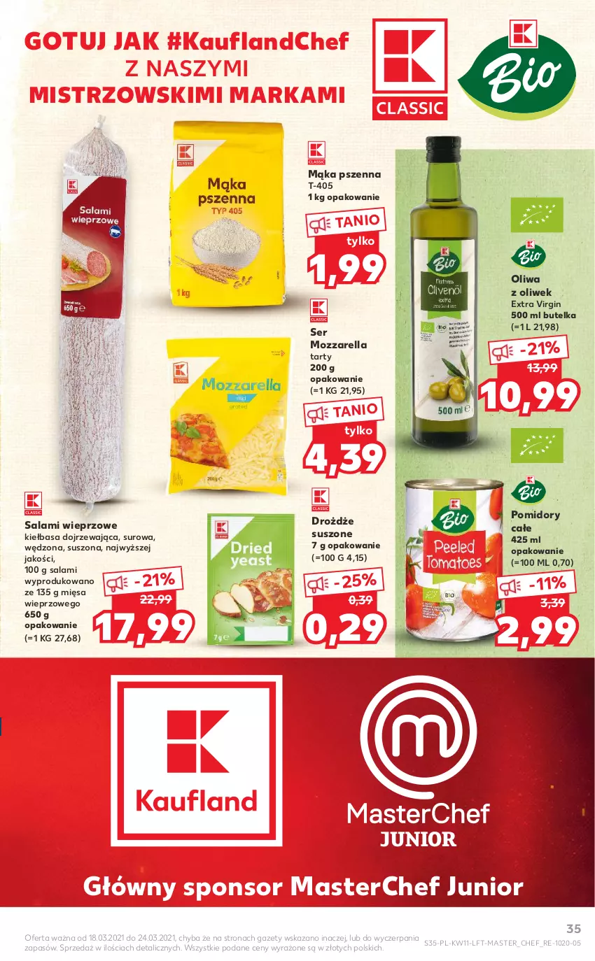 Gazetka promocyjna Kaufland - OFERTA TYGODNIA - ważna 18.03 do 24.03.2021 - strona 35 - produkty: Drożdże, Gin, Kiełbasa, Mąka, Mąka pszenna, Mozzarella, Oliwa z oliwek, Pomidory, Salami, Ser